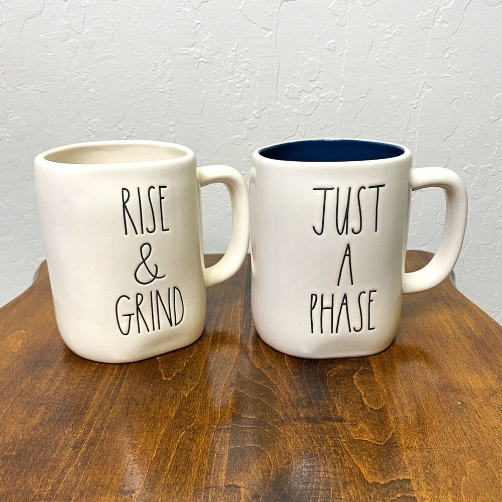 Rae Dunn Mug Set of 2 Rise & Grind and Just A Phase Ceramic Coffee Mugs